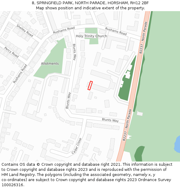 8, SPRINGFIELD PARK, NORTH PARADE, HORSHAM, RH12 2BF: Location map and indicative extent of plot