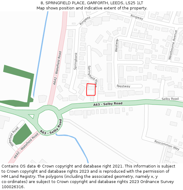 8, SPRINGFIELD PLACE, GARFORTH, LEEDS, LS25 1LT: Location map and indicative extent of plot