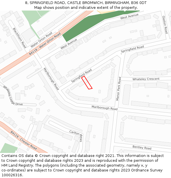 8, SPRINGFIELD ROAD, CASTLE BROMWICH, BIRMINGHAM, B36 0DT: Location map and indicative extent of plot