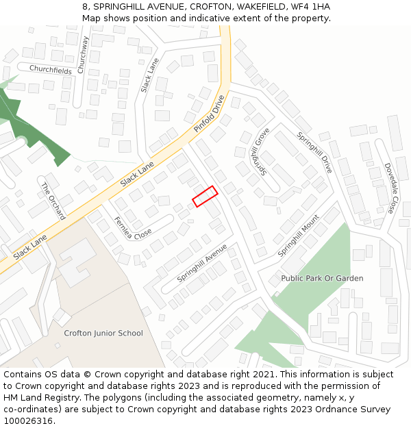 8, SPRINGHILL AVENUE, CROFTON, WAKEFIELD, WF4 1HA: Location map and indicative extent of plot