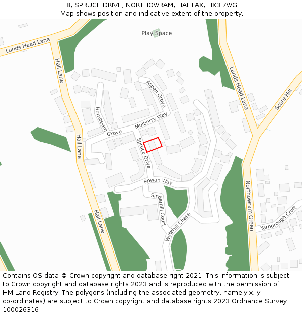 8, SPRUCE DRIVE, NORTHOWRAM, HALIFAX, HX3 7WG: Location map and indicative extent of plot