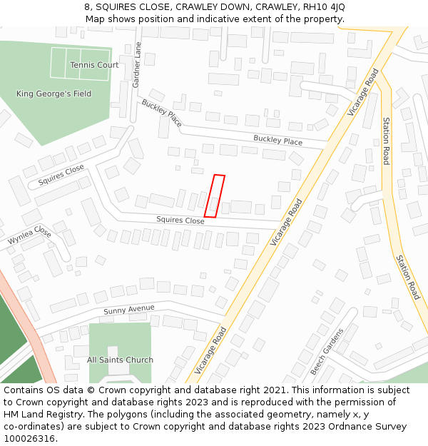 8, SQUIRES CLOSE, CRAWLEY DOWN, CRAWLEY, RH10 4JQ: Location map and indicative extent of plot