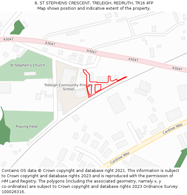 8, ST STEPHENS CRESCENT, TRELEIGH, REDRUTH, TR16 4FP: Location map and indicative extent of plot