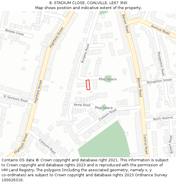 8, STADIUM CLOSE, COALVILLE, LE67 3NX: Location map and indicative extent of plot