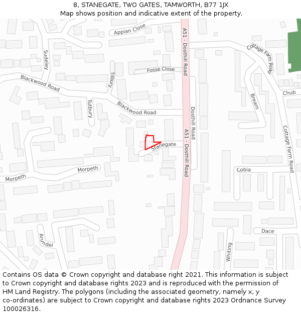 8, STANEGATE, TWO GATES, TAMWORTH, B77 1JX: Location map and indicative extent of plot