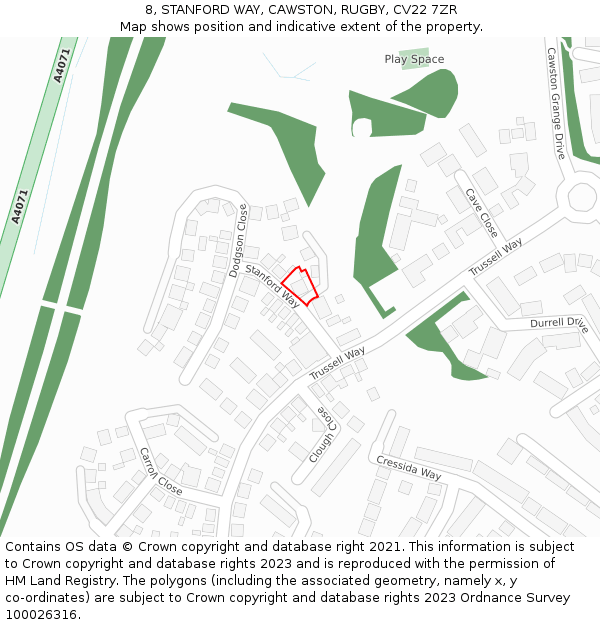 8, STANFORD WAY, CAWSTON, RUGBY, CV22 7ZR: Location map and indicative extent of plot
