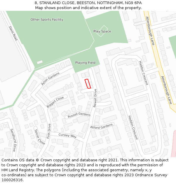 8, STANILAND CLOSE, BEESTON, NOTTINGHAM, NG9 6PA: Location map and indicative extent of plot