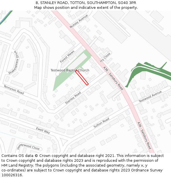 8, STANLEY ROAD, TOTTON, SOUTHAMPTON, SO40 3PR: Location map and indicative extent of plot