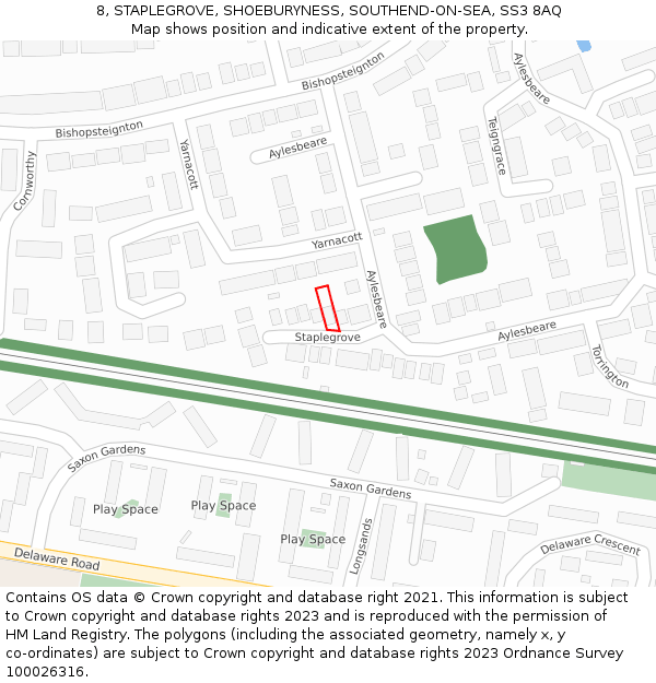 8, STAPLEGROVE, SHOEBURYNESS, SOUTHEND-ON-SEA, SS3 8AQ: Location map and indicative extent of plot