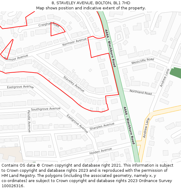 8, STAVELEY AVENUE, BOLTON, BL1 7HD: Location map and indicative extent of plot