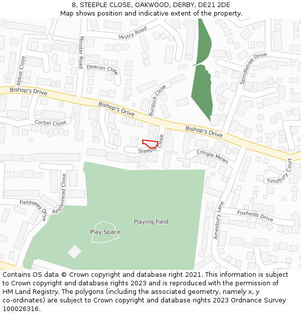 8, STEEPLE CLOSE, OAKWOOD, DERBY, DE21 2DE: Location map and indicative extent of plot