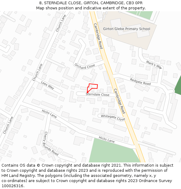 8, STERNDALE CLOSE, GIRTON, CAMBRIDGE, CB3 0PR: Location map and indicative extent of plot