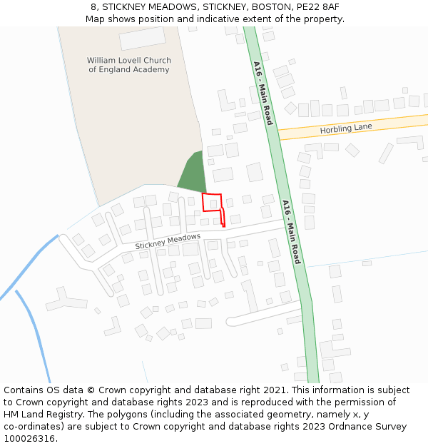 8, STICKNEY MEADOWS, STICKNEY, BOSTON, PE22 8AF: Location map and indicative extent of plot