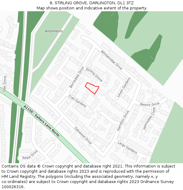 8, STIRLING GROVE, DARLINGTON, DL1 3TZ: Location map and indicative extent of plot