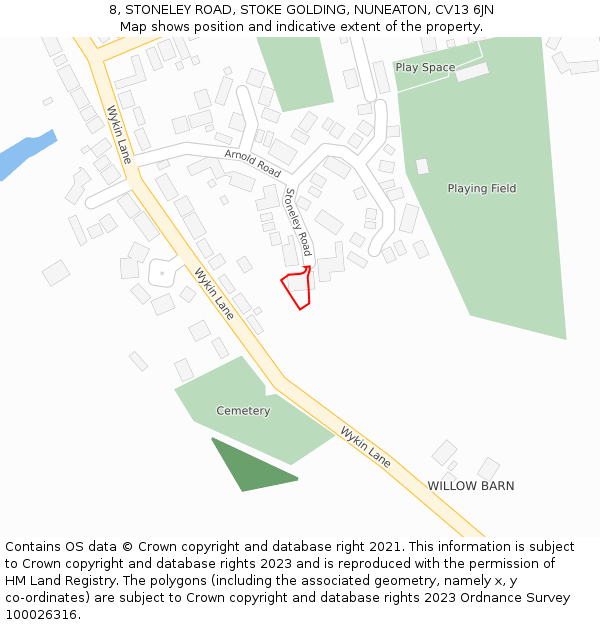 8, STONELEY ROAD, STOKE GOLDING, NUNEATON, CV13 6JN: Location map and indicative extent of plot