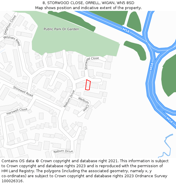 8, STORWOOD CLOSE, ORRELL, WIGAN, WN5 8SD: Location map and indicative extent of plot