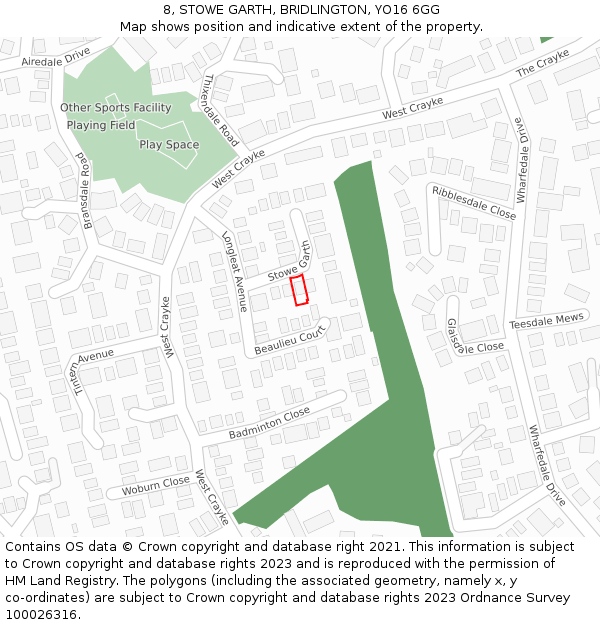 8, STOWE GARTH, BRIDLINGTON, YO16 6GG: Location map and indicative extent of plot