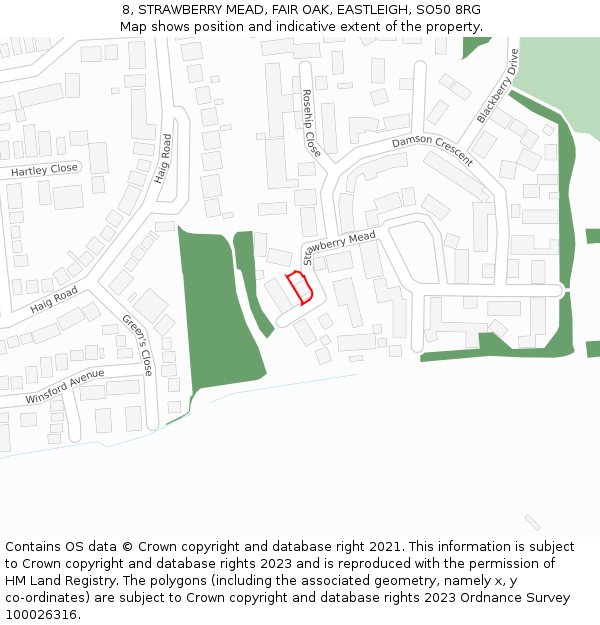 8, STRAWBERRY MEAD, FAIR OAK, EASTLEIGH, SO50 8RG: Location map and indicative extent of plot