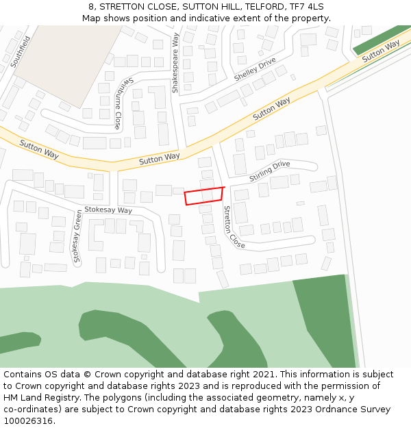 8, STRETTON CLOSE, SUTTON HILL, TELFORD, TF7 4LS: Location map and indicative extent of plot