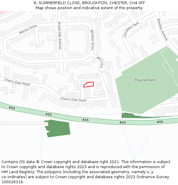8, SUMMERFIELD CLOSE, BROUGHTON, CHESTER, CH4 0FF: Location map and indicative extent of plot