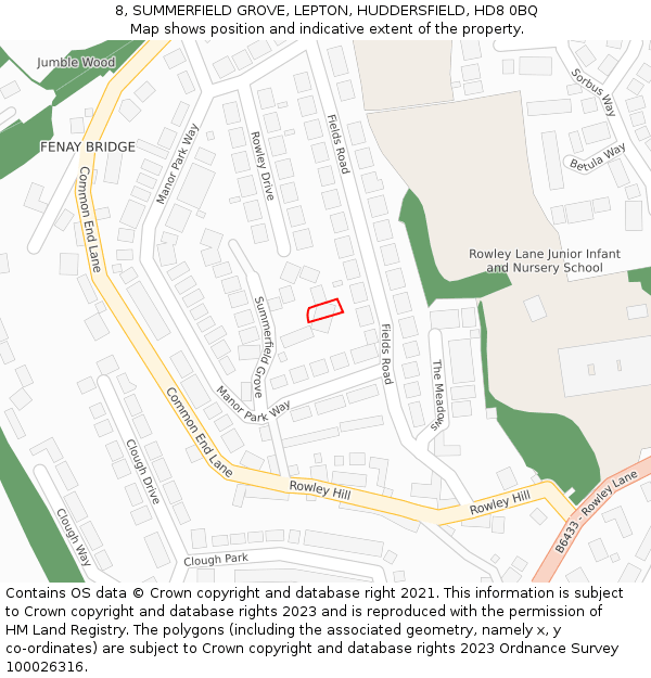 8, SUMMERFIELD GROVE, LEPTON, HUDDERSFIELD, HD8 0BQ: Location map and indicative extent of plot