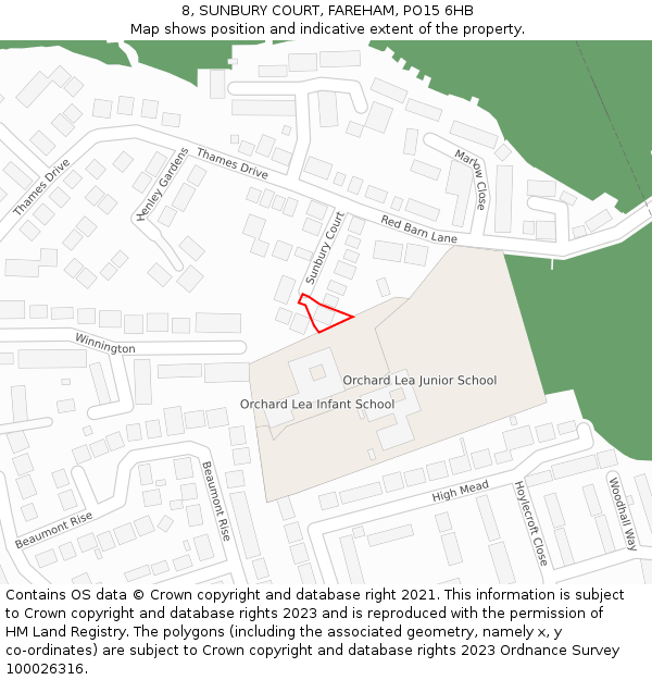 8, SUNBURY COURT, FAREHAM, PO15 6HB: Location map and indicative extent of plot