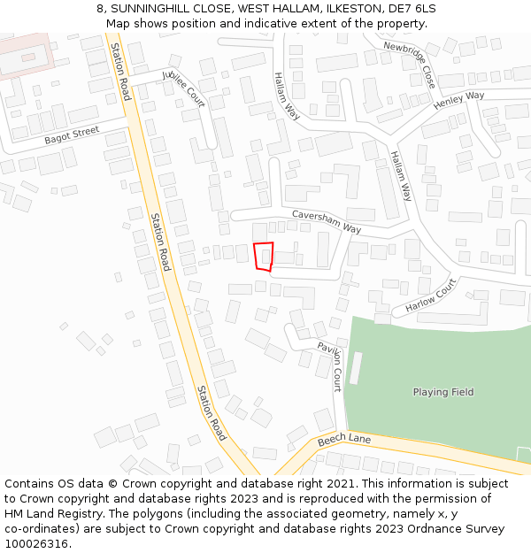 8, SUNNINGHILL CLOSE, WEST HALLAM, ILKESTON, DE7 6LS: Location map and indicative extent of plot