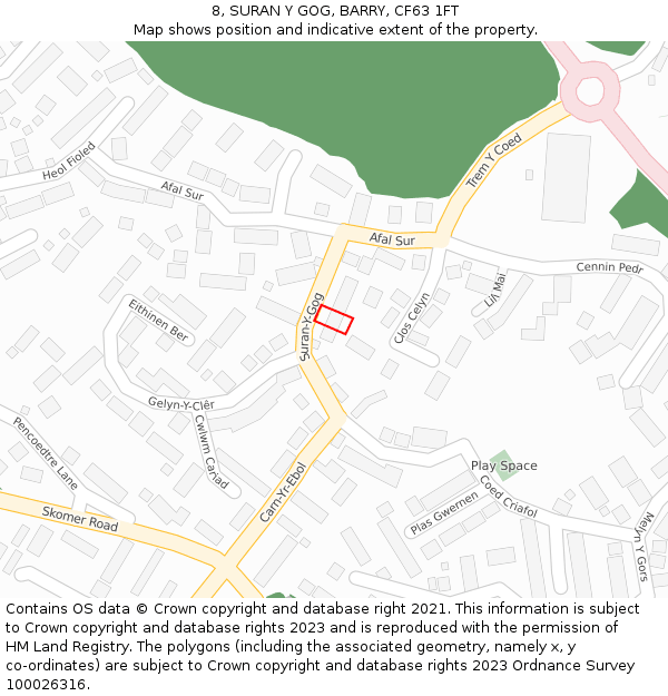 8, SURAN Y GOG, BARRY, CF63 1FT: Location map and indicative extent of plot