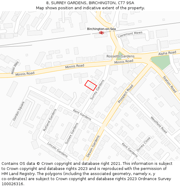 8, SURREY GARDENS, BIRCHINGTON, CT7 9SA: Location map and indicative extent of plot