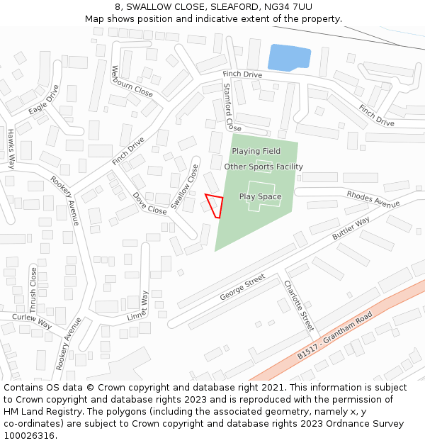 8, SWALLOW CLOSE, SLEAFORD, NG34 7UU: Location map and indicative extent of plot