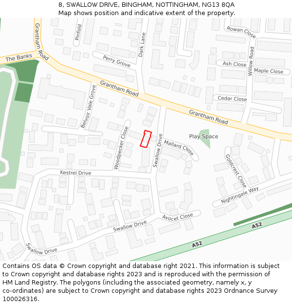 8, SWALLOW DRIVE, BINGHAM, NOTTINGHAM, NG13 8QA: Location map and indicative extent of plot