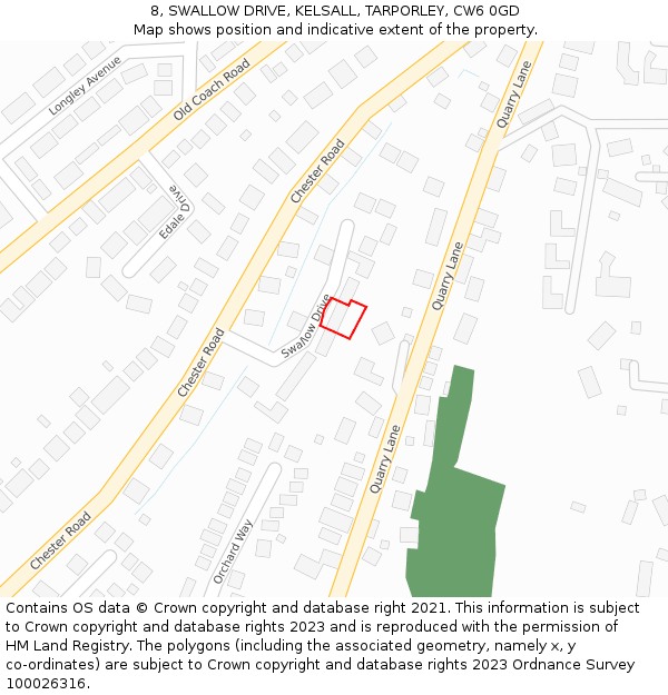 8, SWALLOW DRIVE, KELSALL, TARPORLEY, CW6 0GD: Location map and indicative extent of plot
