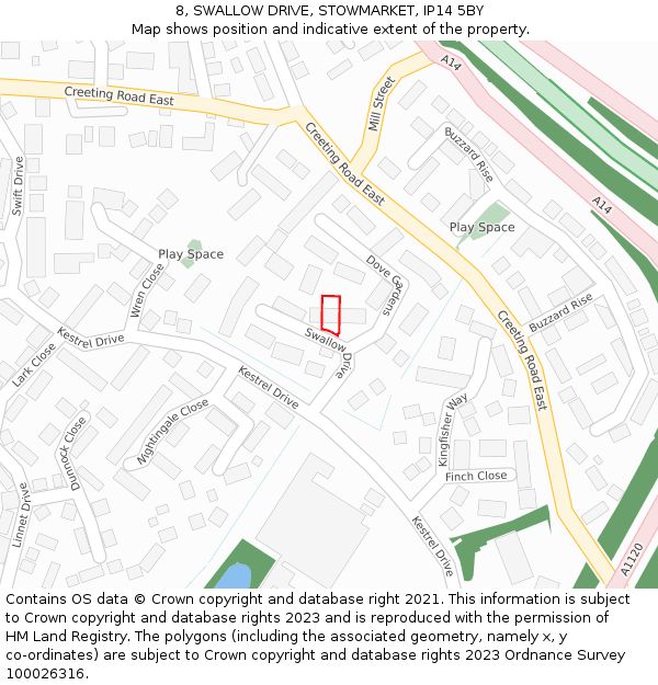 8, SWALLOW DRIVE, STOWMARKET, IP14 5BY: Location map and indicative extent of plot