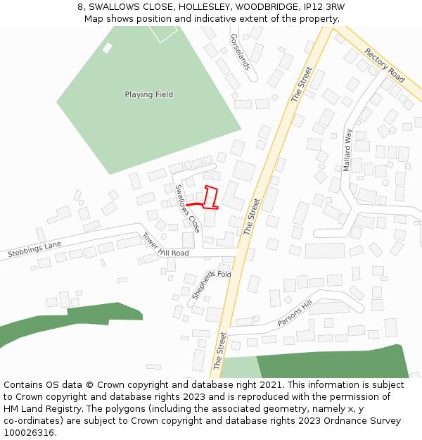 8, SWALLOWS CLOSE, HOLLESLEY, WOODBRIDGE, IP12 3RW: Location map and indicative extent of plot
