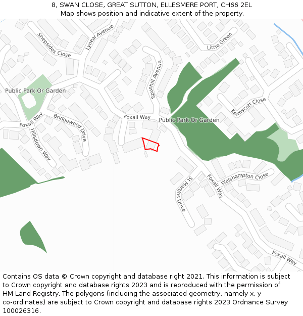 8, SWAN CLOSE, GREAT SUTTON, ELLESMERE PORT, CH66 2EL: Location map and indicative extent of plot