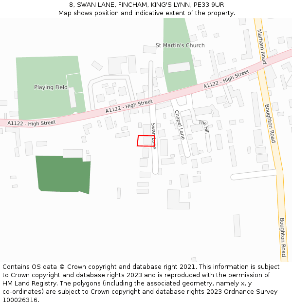 8, SWAN LANE, FINCHAM, KING'S LYNN, PE33 9UR: Location map and indicative extent of plot