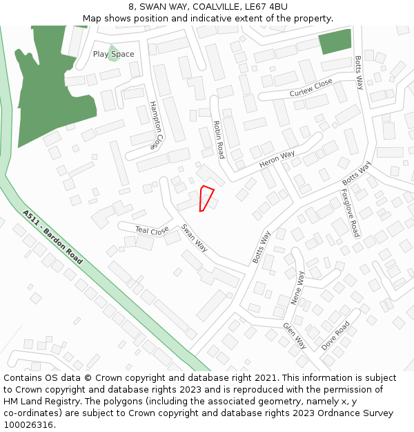 8, SWAN WAY, COALVILLE, LE67 4BU: Location map and indicative extent of plot
