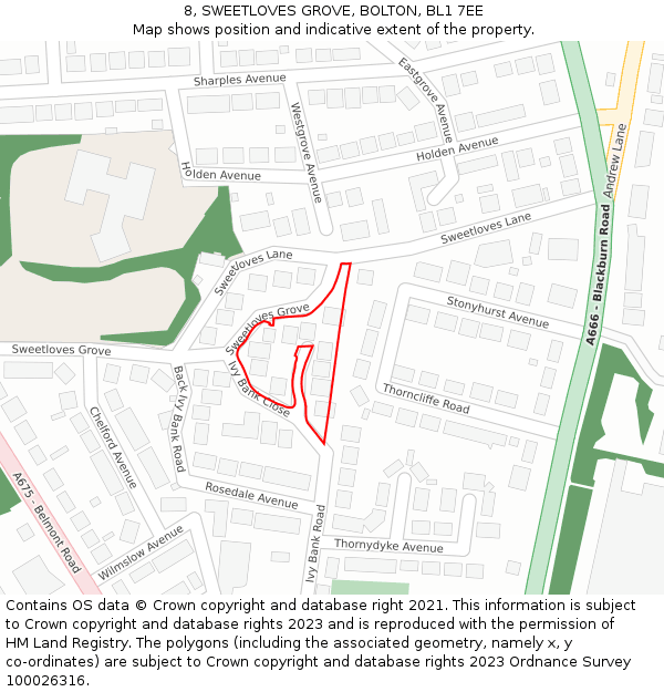 8, SWEETLOVES GROVE, BOLTON, BL1 7EE: Location map and indicative extent of plot