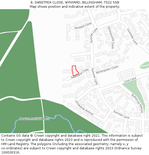 8, SWEETPEA CLOSE, WYNYARD, BILLINGHAM, TS22 5SB: Location map and indicative extent of plot