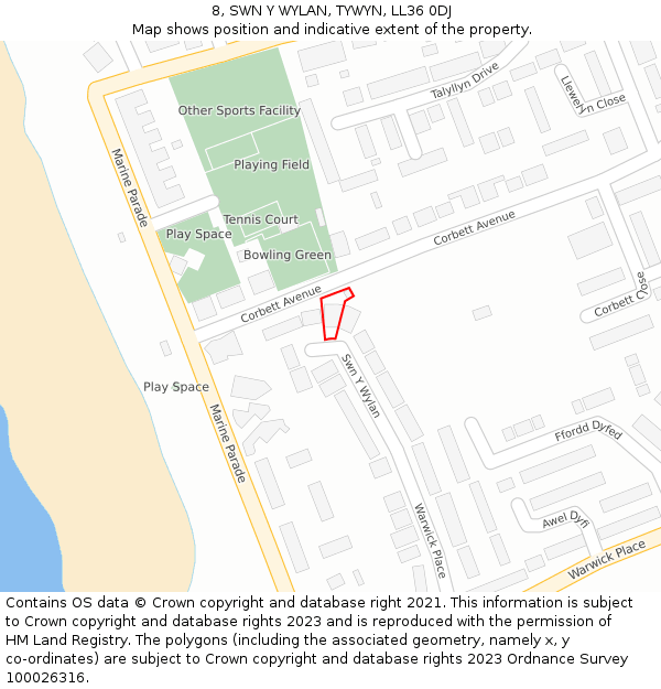 8, SWN Y WYLAN, TYWYN, LL36 0DJ: Location map and indicative extent of plot