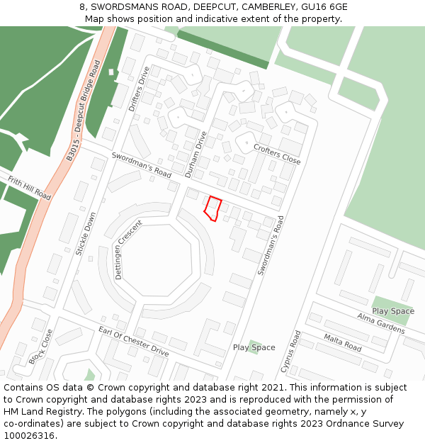 8, SWORDSMANS ROAD, DEEPCUT, CAMBERLEY, GU16 6GE: Location map and indicative extent of plot