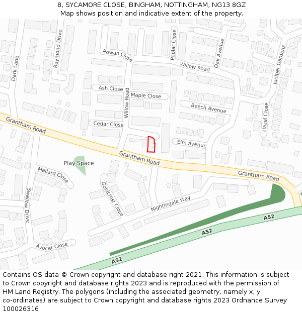 8, SYCAMORE CLOSE, BINGHAM, NOTTINGHAM, NG13 8GZ: Location map and indicative extent of plot