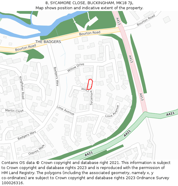 8, SYCAMORE CLOSE, BUCKINGHAM, MK18 7JL: Location map and indicative extent of plot