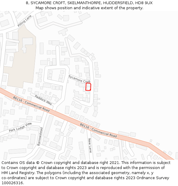 8, SYCAMORE CROFT, SKELMANTHORPE, HUDDERSFIELD, HD8 9UX: Location map and indicative extent of plot