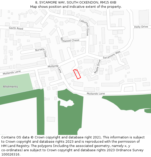8, SYCAMORE WAY, SOUTH OCKENDON, RM15 6XB: Location map and indicative extent of plot