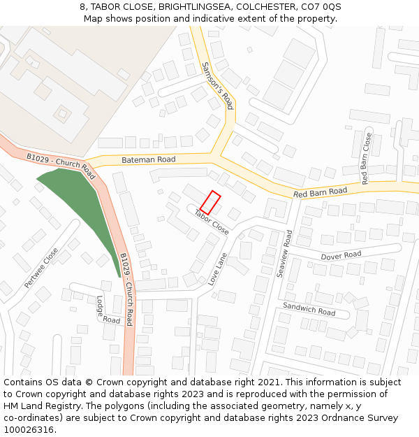 8, TABOR CLOSE, BRIGHTLINGSEA, COLCHESTER, CO7 0QS: Location map and indicative extent of plot