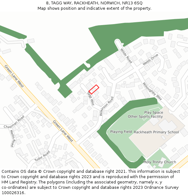 8, TAGG WAY, RACKHEATH, NORWICH, NR13 6SQ: Location map and indicative extent of plot