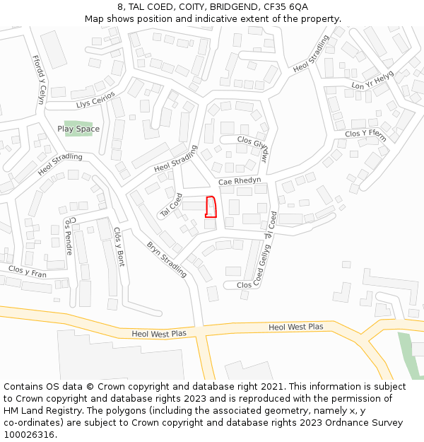 8, TAL COED, COITY, BRIDGEND, CF35 6QA: Location map and indicative extent of plot