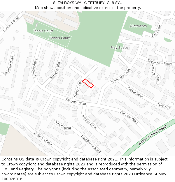 8, TALBOYS WALK, TETBURY, GL8 8YU: Location map and indicative extent of plot