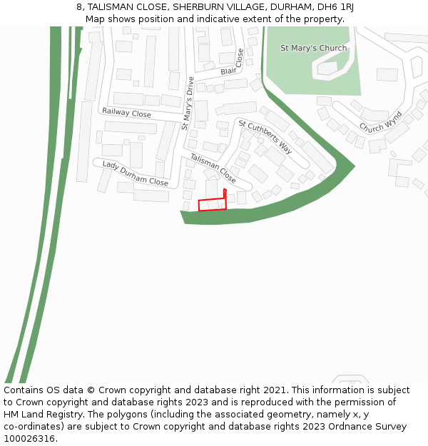 8, TALISMAN CLOSE, SHERBURN VILLAGE, DURHAM, DH6 1RJ: Location map and indicative extent of plot